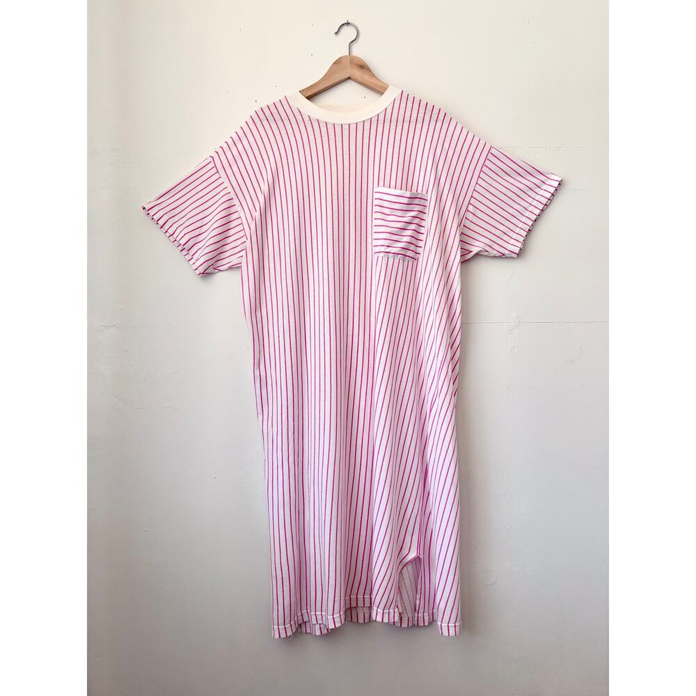 Vintage Nordstrom Pink & White Striped Midi T-Shirt Dress 100% Cotton- One Size
